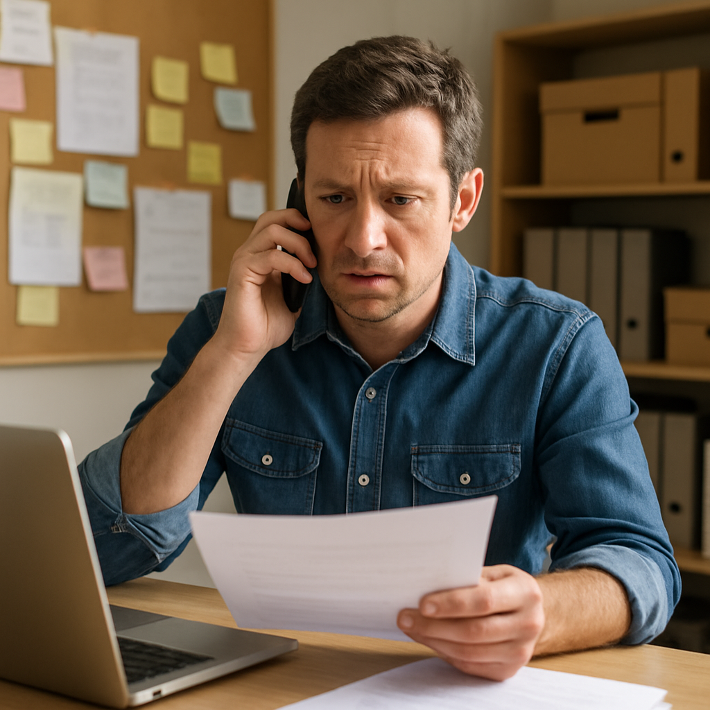 Emprendedor revisando documentos y atendiendo su negocio
